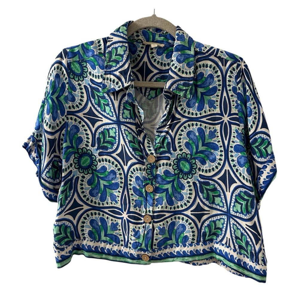 Haute Hippie Blue and Green Patterned Women's Top